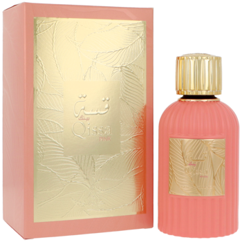 Paris Corner Qissa Pink, lekka woda perfumowana. Różowa, ryflowana butelka i pudełko ze złotymi wzorami.
