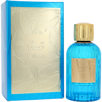Paris Corner Qissa Blue woda perfumowana. Niebieska butelka ze złotą etykietą i pudełkiem z wzorem liści, widok z boku.
