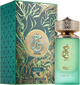 Unisex Paris Corner Khair Pistachio EDP: zielony, matowy flakon ze złotym korkiem i eleganckie pudełko.