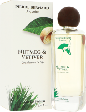 Pierre Bernard Organics Nutmeg & Vetiver parfum, butelka i pudełko z grafiką liści i gałki muszkatołowej.