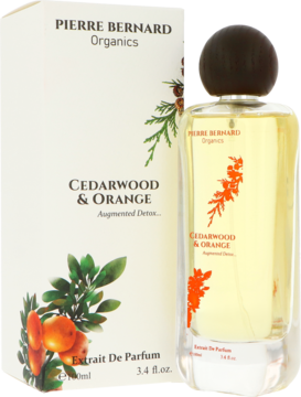 Pierre Bernard Organics Cedarwood & Orange perfumy 90ml, butelka z żółtym płynem, białe pudełko z grafiką.