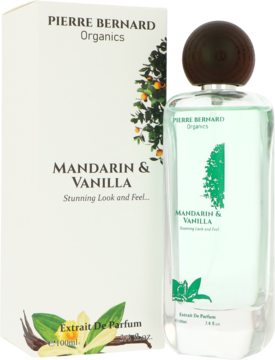 Ekstrakt perfum Pierre Bernard Organics Mandarin & Vanilla w butelce i pudełku, z zielonym płynem, front.
