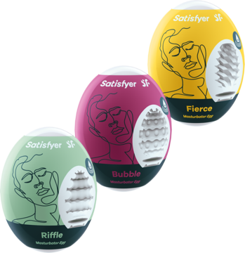 Trzy masturbatory Satisfyer Eggs: zielony Riffle, różowy Bubble, żółty Fierce, prezentujące ich unikalne tekstury.