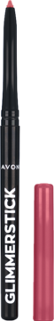 Jasnoróżowa konturówka Avon Glimmerstick do oczu z czarną oprawką, odsłoniętym wkładem, skuwka obok.