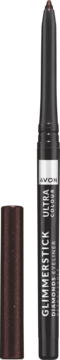 Brązowy diamentowy eyeliner Avon Glimmerstick Ultra Colour, z odsłoniętą końcówką i zdjętą zatyczką.