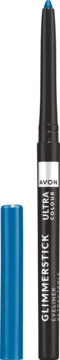 Avon Glimmerstick Ultra Colour, niebieska diamentowa kredka do oczu, wysuwana, z niebieską skuwką obok.