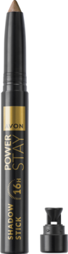 Avon Power Stay 16h Cień w kredce, odcień beżowy, z czarną obudową i zdjętą zatyczką obok produktu.