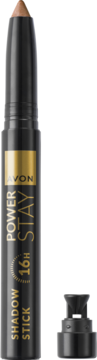 Avon Power Stay 16H Shadow Stick w odcieniu brązu, pionowo, z odkrytą temperówką do precyzyjnego makijażu.