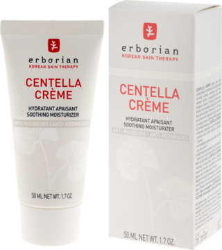 Erborian Centella Crème, nawilżająco-łagodzący krem przeciw zaczerwienieniom, biała tubka obok pudełka z napisem.
