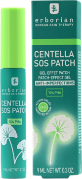 Erborian Centella SOS Patch, żel punktowy na niedoskonałości, zielona tubka i pudełko, 10% PHA.