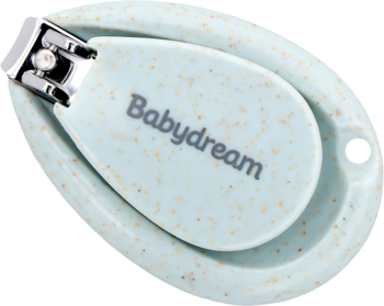 Błękitne obcinaczki Babydream dla dzieci, z zaokrąglonym ostrzem i uchwytem ze słomy pszennej. Widok z góry.