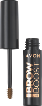 Avon Brow Boost Volume żel do brwi, czarny otwarty flakonik ze złotym napisem i jasnym aplikatorem.