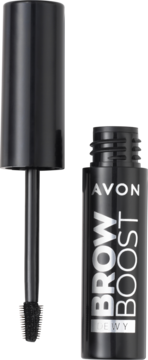 Avon Brow Boost dewy żel do brwi, czarna otwarta tubka z widocznym aplikatorem i precyzyjną szczoteczką.