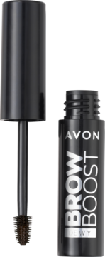 Avon Brow Boost dewy brow gel w czarnej butelce z białym napisem, otwarta z wysuniętą brązową szczoteczką.
