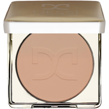 Matowy bronzer Dessi Palm Springs w złotym, otwartym kompakcie. Jasnobrązowy puder z logo DC na wierzchu.