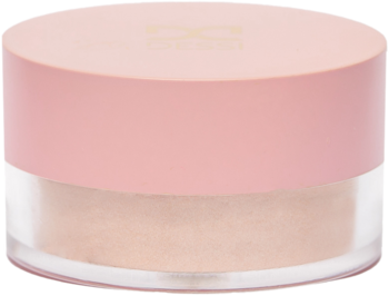 Dessi Glow Out Powder, sypki puder rozświetlający, w różowym wieczku i przezroczystym słoiczku, widok pod kątem.