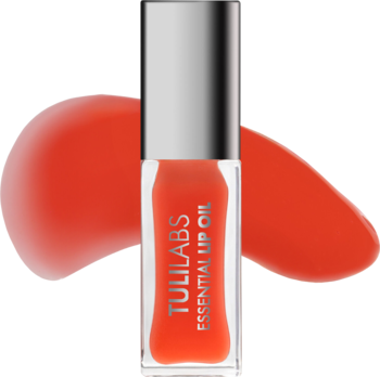 Tuli Labs Essential Lip Oil Watermelon Bomb, pomarańczowy, w przezroczystej butelce, srebrna nakrętka, na tle pomarańczowej smugi.