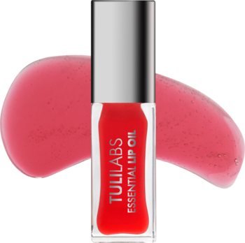 Olejek do ust Tuli Labs Strawberry Kiss, czerwony, w przezroczystej butelce ze srebrną nakrętką, z tyłu próbka na tle.