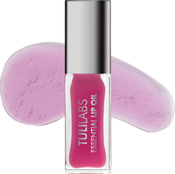 Różowy olejek do ust Tuli Labs Essential Lip Oil Currant Bliss w butelce, z błyszczącymi próbkami koloru.