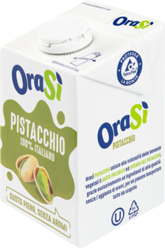 Napój roślinny OraSi Pistacchio 100% włoskie pistacje, biały karton z zieloną etykietą, pod kątem.