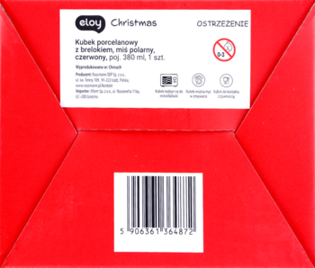 Tył czerwonego pudełka na kubek Eloy Christmas, z etykietą produktu, ostrzeżeniem i widocznym kodem kreskowym.