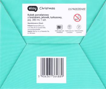 Tył turkusowego opakowania na kubek porcelanowy Eloy Christmas 380ml z brelokiem jelonek, widoczny kod kreskowy.