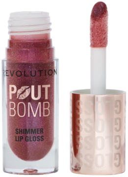 Błyszczyk Revolution Pout Bomb Shimmer Gloss Berry Lustre, widok na zamkniętą tubkę i otwarty aplikator.