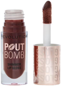Revolution Pout Bomb Shimmer Lip Gloss Chocolate Sparkle otwarty, widok z przodu, z brązowym błyszczącym aplikatorem.