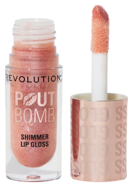 Nawilżający błyszczyk Revolution Pout Bomb Shimmer Gloss Glimmer Nude z aplikatorem, widok otwartej i zamkniętej butelki.