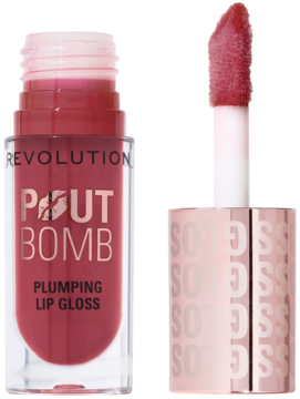 Rewolucyjny błyszczyk Revolution Pout Bomb Plumping Lip Gloss Wild Mauve Pink, otwarty z aplikatorem i zamknięty, lśniący.