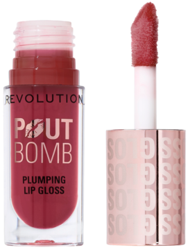 Błyszczyk Revolution Pout Bomb Plumping, Rosewood Rose Pink. Tubka z wysuniętym dużym aplikatorem, obok złota nakrętka.