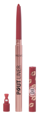 Revolution Pout Bomb Plumping Lip Liner w odcieniu Melba, z wysuniętym rysikiem, i otwartą, wzorzystą nakrętką obok.