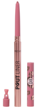 Różowa konturówka Revolution Pout Liner Kiss Baby Pink, obok sharpener i ozdobna skuwka "Fake the Filler".