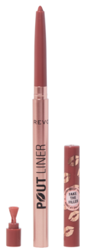 Konturówka Revolution Pout Liner Doll Cool Nude, z wysuniętym rysikiem. Obok akcesorium do blendowania i ozdobna tubka.