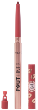 Wykręcana konturówka Revolution Pout Liner Burnt Cherry Red z odkrytym sztyftem, obok dopasowany błyszczyk.