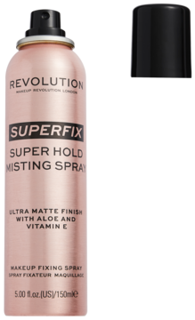 Utrwalający makijaż Revolution Superfix Misting Spray, różowo-złota butelka z czarną nakrętką, matowe wykończenie, widok z przodu.