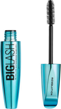 Wodoodporny tusz Revolution Big Lash XL Volume Mascara, metaliczna turkusowa tuba, obok otwarta czarna szczoteczka.