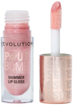 Revolution Pout Bomb Shimmer Gloss Shine Pink, błyszczyk z aplikatorem w otwartej butelce, jasnoróżowy, połyskujący.