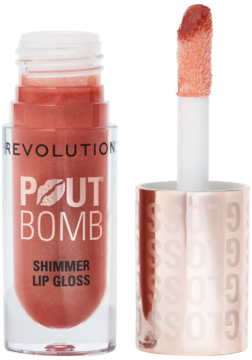 Błyszczyk Revolution Pout Bomb Nude Glow z otwartą tubką i aplikatorem w złotawym odcieniu nude.