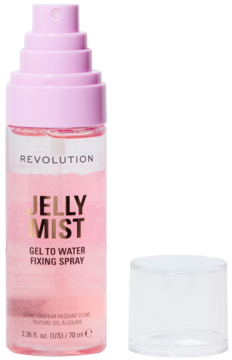 Revolution Jelly Mist, różowy spray utrwalający makijaż 70 ml, z odkręconą nakrętką obok, widok z przodu.