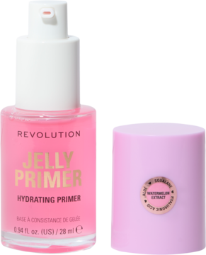 Różowy Revolution Jelly Hydrating Primer w butelce z pompką, obok zakrętka z logo: arbuz, kwas hialuronowy.