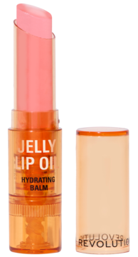 Otwarty żelowy olejek Revolution Jelly Lip Oil Popsicle, pomarańczowy sztyft z różowym balsamem obok nakrętki.