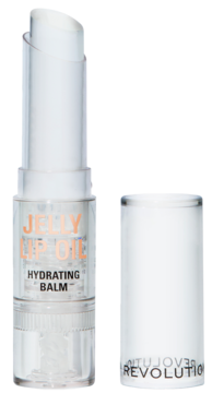 Revolution Jelly Lip Oil, przezroczysty nawilżający olejek do ust w sztyfcie. Otwarty, z białym aplikatorem i nakrętką.