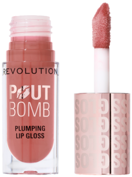 Revolution Pout Bomb, Doll, koloryzujący błyszczyk. Transparentna butelka, otwarta, różowa zakrętka z aplikatorem.
