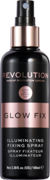 Revolution Glow Fix rozświetlająca mgiełka utrwalająca makijaż, czarna butelka z błyszczącym różowo-złotym detalem. Widok z przodu.