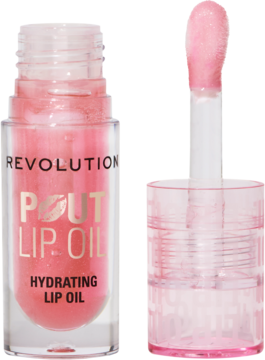 Zbliżenie na Revolution Pout Lip Oil w odcieniu Pink Shimmer, różowy olejek do ust z wysuniętym brokatowym aplikatorem.