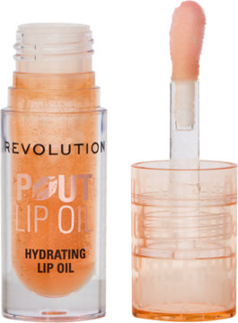 Zbliżenie na otwarty Revolution Pout Lip Oil Honey Shimmer, brokatowy olejek i wyjęty aplikator obok.
