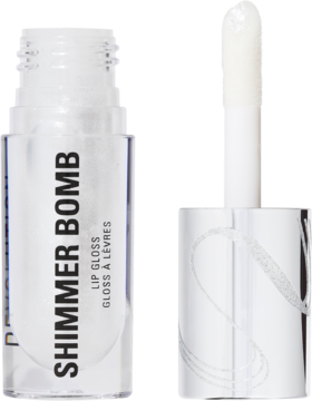 Otwarty błyszczyk Revolution Shimmer Bomb Frosted Muse z aplikatorem. Przezroczysty z chłodnymi drobinkami.
