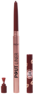 Bordowa konturówka Revolution Pout Liner Cookie Warm Brown, otwarta, z nakrętką z napisem "FAKE THE FILLER".