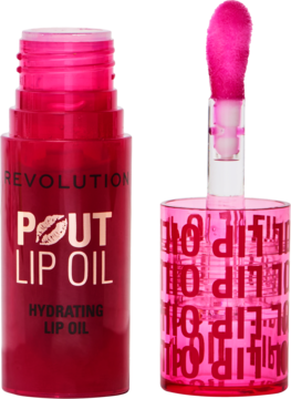 Revolution Pout Lip Oil Cherry Red, różowa butelka i wyciągnięty aplikator z błyszczącym olejkiem.